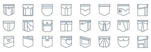 collection d'icônes liées aux poches, y compris des icônes comme le tissu, le design, les jeans et plus encore. illustrations vectorielles, ensemble parfait de pixels vecteur