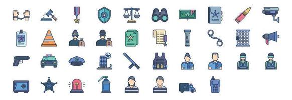 collection d'icônes liées à la police et à la loi, y compris des icônes comme l'arrestation, la vente aux enchères, la balle, les jumelles et plus encore. illustrations vectorielles, ensemble parfait de pixels vecteur
