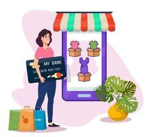 concept d'achat en ligne. fille avec une grosse carte bancaire faisant des achats en ligne à l'aide d'un téléphone. paiement en ligne dans la boutique en ligne. vente en ligne. sacs à provisions. illustration vectorielle plane. vecteur