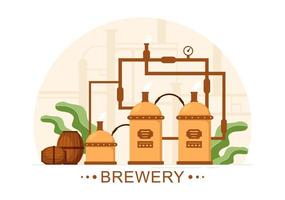 processus de production de brasserie avec réservoir de bière et bouteille pleine de boisson alcoolisée pour la fermentation en illustration de modèles dessinés à la main de dessin animé plat vecteur