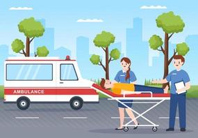 voiture d'ambulance de véhicule médical ou service d'urgence pour ramasser le patient blessé dans un accident en illustration de modèles dessinés à la main de dessin animé plat vecteur
