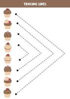 tracer des lignes pour les enfants. mignons cupcakes colorés. pratique de l'écriture. vecteur