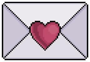 Enveloppe de pixel art avec icône de coeur, icône de vecteur de lettre d'amour pour le jeu 8bit sur fond blanc