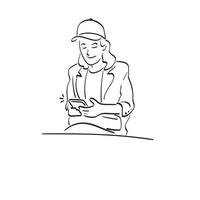 dessin au trait femme d'affaires avec casquette à l'aide de smartphone illustration vecteur dessiné à la main isolé sur fond blanc