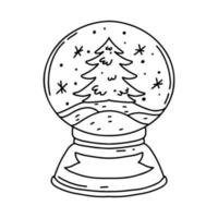 arbre de noël à l'intérieur d'une boule de verre de noël. boule de neige de noël avec des flocons de neige dans un style doodle dessiné à la main. élément du nouvel an. vecteur