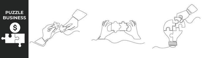 concept de jeu de pièces de puzzle d'affaires de dessin d'une seule ligne. mains d'homme d'affaires correspondant à des pièces de puzzle. illustration vectorielle graphique de conception de dessin en ligne continue. vecteur