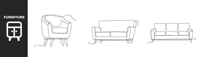 concept d'ensemble de meubles modernes dessinant une ligne continue. canapé et fauteuil tendance. illustration graphique vectorielle de dessin à une seule ligne. vecteur