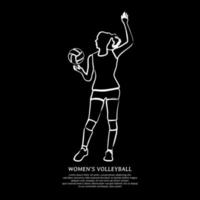 dessin au trait blanc d'une joueuse de volley-ball servant le ballon isolé sur fond noir vecteur