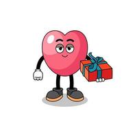 illustration de mascotte de symbole de coeur donnant un cadeau vecteur