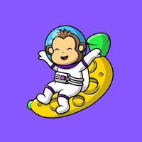 astronaute de singe mignon assis sur l'illustration d'icônes vectorielles de dessin animé de planète de lune de banane. concept de dessin animé plat. adapté à tout projet créatif. vecteur