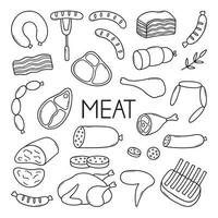 jeu de doodle de viande. saucisses, steaks, côtes, porc, boeuf en style croquis. illustration de vecteur dessiné à la main isolé sur fond blanc