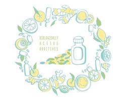 additifs biologiquement actifs baa compléments alimentaires, bouteille avec ensemble de vitamines, capsules de comprimés antioxydants, éléments ronds dessinés à la main. vecteur