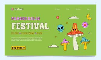 un modèle de site de festival psychédélique dans le style des années 1970 et 1960. une illustration trippy décrite avec des champignons, des extraterrestres, des nuages, des étoiles. vecteur