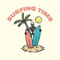 personnage de mascotte d'été de surf de crâne dessiné à la main vintage avec une planche de surf. conception vectorielle pour les impressions de t-shirts, les affiches et d'autres utilisations. vecteur