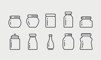 icônes de ligne de bouteille et pots en verre. récipient pour gelée, confiture, sauce, confiture maison. les signes pour le magasin d'alimentation. traits modifiables. illustration vectorielle vecteur