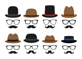 ensemble de moustache, chapeau et lunettes dans un style plat isolé vecteur