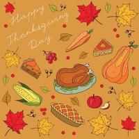 joyeux jour de thanksgiving. illustration dessinée à la main de la nourriture et de la récolte traditionnelles de thanksgiving. texte dessiné à la main vecteur