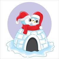 joli couple de pingouins illustré dans un igloo vecteur