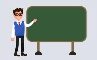 enseignant, professeur debout devant l'illustration vectorielle de tableau noir école vierge. professeur d'école à lunettes, enseignant près du tableau noir vecteur