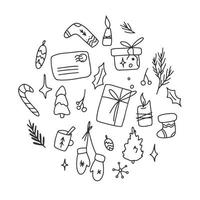 page de couleur de noël dans un style nordique doodle dessiné à la main avec des éléments de décoration saisonniers en illustration de forme de cercle vecteur