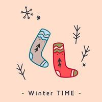 doodle chaussettes confortables dessinées à la main avec conception de cartes de voeux de vacances de noël flocon de neige vecteur