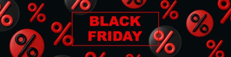 bannière horizontale de vente du vendredi noir. Fond 3d avec pourcentage de noir et rouge vecteur