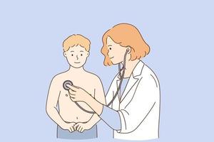 pédiatre pendant le concept de travail. jeune médecin pédiatre femme positive examinant un petit garçon patient avec stéthoscope lors de la visite illustration vectorielle vecteur