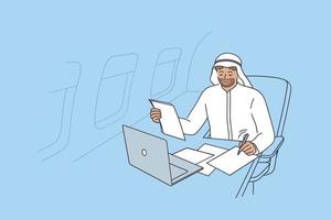 avion privé et concept de vie de luxe. jeune homme d'affaires souriant des émirats arabes unis assis allongé sur son jet privé à dubaï et travaillant avec des documents commerciaux illustration vectorielle vecteur