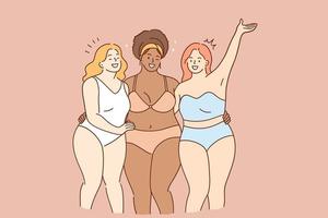 acceptation du corps, positivité du corps et concept de diversité. groupe de 3 femmes surdimensionnées souriantes et heureuses posant en bikini et se sentant confiantes et positives illustration vectorielle vecteur