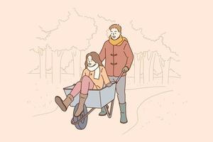 divertissement pour le concept de couple romantique. homme personnage de dessin animé petit ami ou mari personnage de dessin animé portant une femme à cheval dans une brouette ramassant des feuilles d'automne du jardin ensemble illustration vecteur