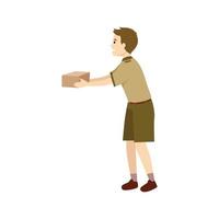 heureux jeune garçon scout tenant une boîte pour un cadeau ou un cadeau livrant un colis postal. illustration de vecteur plat isolé sur fond blanc