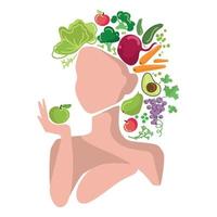 concept de mode de vie végétalien et vert naturel. visage de femme abstraite avec des légumes et des fruits sur la tête illustration vectorielle, emblème, modèle de logo d'affiche. alternative saine de la nutrition végétarienne vecteur