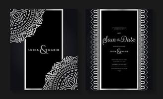 conception de cartes d'invitation de mariage de luxe avec mandala argenté et motif abstrait, style d'arrière-plan arabe islamique oriental, mandala ornemental décoratif pour impression, affiche, couverture, dépliant et bannière. vecteur