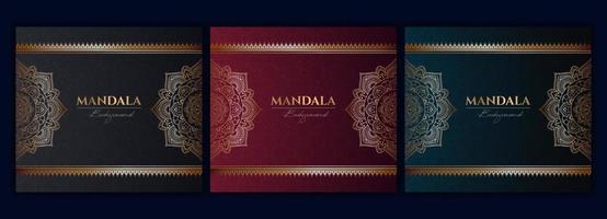 ensemble de modèle de vecteur de fond de mandala de luxe or abstrait, motif arabesque ornemental circulaire pour affiche, couverture, brochure, dépliant. fond rouge, vert, bleu avec élément de mandala floral ethnique