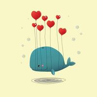 jolie baleine souriante avec des ballons en forme de coeur attachés à elle vecteur