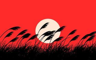 vecteur, herbe, silhouette, sur, ciel rouge, coucher soleil, nature, fond vecteur