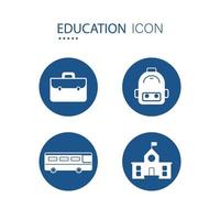 symbole des icônes de l'éducation et de l'équipement scolaire sur la forme du cercle bleu telles que les icônes du bus scolaire et du sac d'école isolés sur fond blanc. illustration vectorielle. vecteur