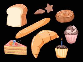 illustration vectorielle de pain délicieux. dessin à plat de pain de croissant, gâteau au fromage aux fraises, gâteau à la tasse, biscuits au chocolat sec, rouleau à la cannelle de couleur marron dominante. vecteur