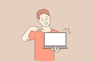 concept d'éducation à distance et en ligne. jeune homme souriant personnage de dessin animé étudiant debout pointant sur l'illustration vectorielle d'un ordinateur portable blanc vierge vecteur