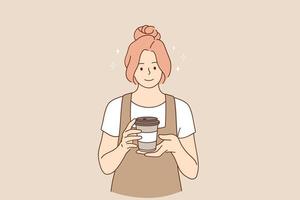 concept de coffeeshop et de cafétéria. jeune femme souriante barista personnage de dessin animé travaillant à la cafétéria debout et souriant tenant du café pour les clients illustration vectorielle vecteur