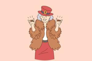 concept élégant de personnes âgées drôles. grand-mère heureuse en chapeau de manteau hipster avec anneaux sur les doigts personnage de dessin animé debout se sentir cool et positif illustration vectorielle de style de vie vecteur