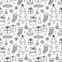 joli motif harmonieux de noël avec des cadeaux, des boules, du pudding de noël, un sapin, des chaussettes, des bougies, des bonbons, des flocons de neige, des étoiles. illustration vectorielle de doodle dessinés à la main. parfait pour le papier d'emballage, les décorations. vecteur