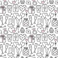 joli motif harmonieux pour la saint-valentin avec coeurs, ballons, cadeaux, champagne, lettres d'amour. illustration vectorielle de doodle dessinés à la main. parfait pour les motifs de vacances, les imprimés, les décorations, le papier d'emballage. vecteur