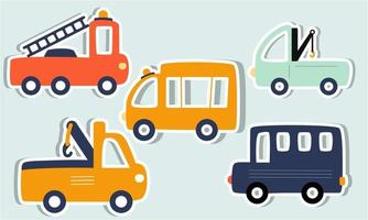 ensemble d'autocollants de transport drôles pour enfants graphique dessiné à la main. illustration vectorielle. vecteur