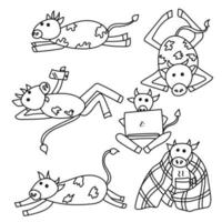 ensemble de mignons taureaux positifs dans diverses poses, symbole animal de la page de coloriage doodle année vecteur