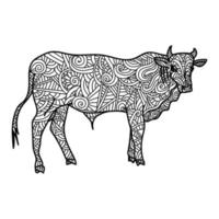 symbole de l'année du boeuf sur le calendrier oriental, nouvel an, coloriage anti-stress avec des motifs animaux et zen ornés vecteur