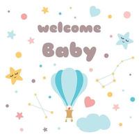 texte d'affiche pour enfants bienvenue bébé conception mignonne de montgolfière dessinée à la main pour les bannières de douche de bébé, affiches pour chambre de bébé, cartes de voeux, t-shirts pour enfants et bébés et illustration vectorielle de vêtements. vecteur