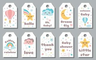 ensemble de cartes d'étiquettes de douche de bébé collection de cadeaux d'arrivée de bébé étoile souriante nuage rêvant lune arc-en-ciel éléments pour bannière bébé ensemble d'autocollants mignons texte amour merci bonjour calligraphie lettrage conception vecteur. vecteur