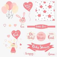 baby shower c'est une fille ensemble d'éléments isolés de filles roses pour les invitations de baby shower. lapin, collection de ballons bébé mignon de cartes d'invitation pour fête prénatale, anniversaire de filles vecteur