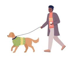 homme élégant avec café marchant chien en laisse caractères vectoriels de couleur semi-plat. chiffres modifiables. personne de tout le corps sur blanc. illustration de style dessin animé simple pour la conception graphique et l'animation web vecteur